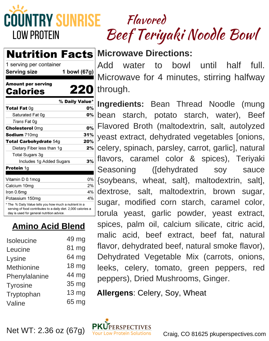 Country Sunrise Beef (Flavored) Teriyaki Noodle BOWL- 2.36oz - Image 2