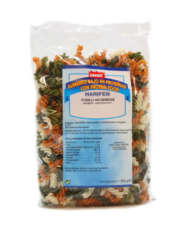Sanavi Harifen Low Protein Tri Color Fusilli Pasta- 500g